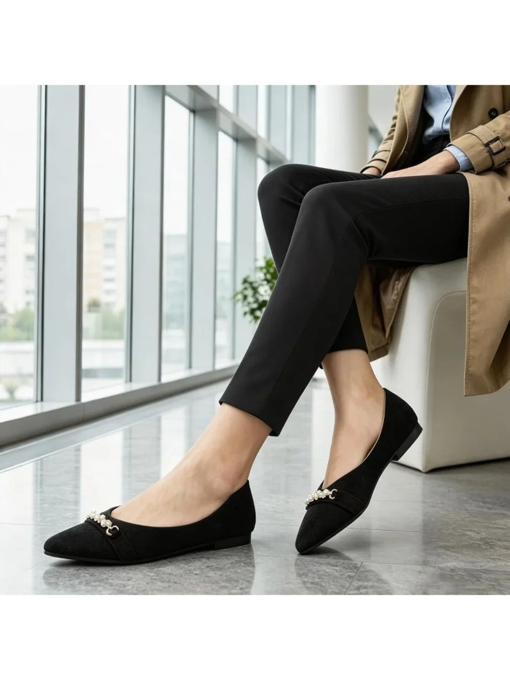 Women's Black Rubber Rhinestone Pointed Toe Flats Comfortable Slip On Shoes